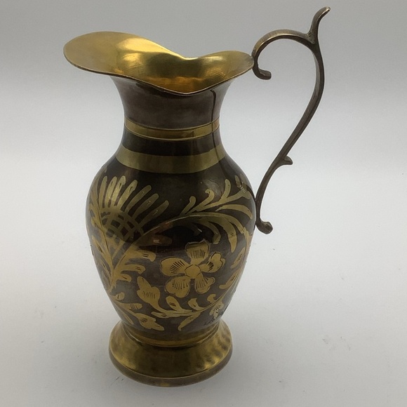 Renco India Etched Flower Brass Vase/Pitcher - Picture 1 of 11